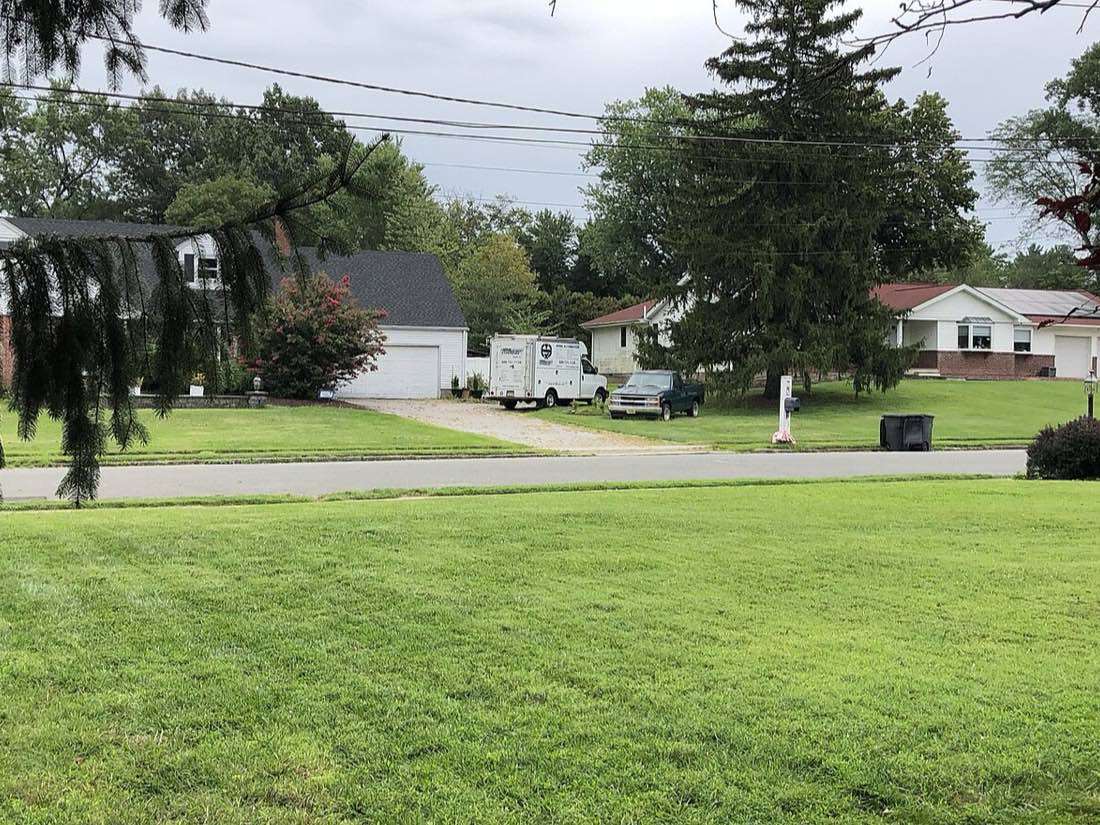 A neatly mowed suburban front lawn with clean lines along the driveway